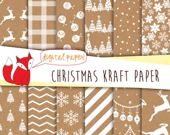 Christmas Kraft Paper Digital Paper ~ Reindeer Paper ~ Snowflake Paper ~ Christmas Tree Paper ~ Holiday Ornaments, Printable