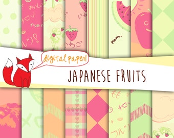 Japanese Fruits Digital Paper ~ Kawaii Digital Paper Pack~ Fruit Printable~ Strawberry, Peach, Watermelon, Chevron ~ Digiscrap