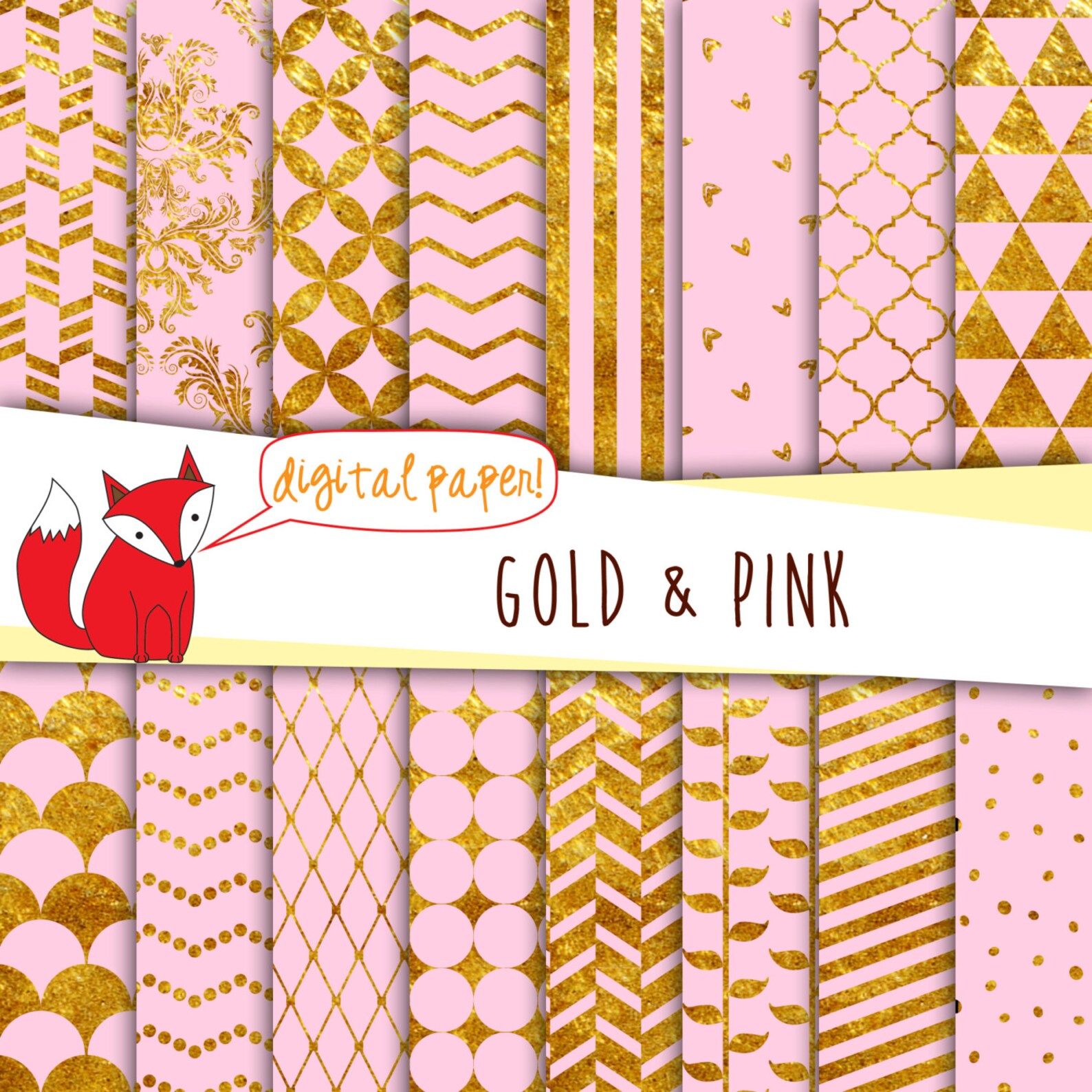 Pink and Gold Foil Digital Paper Printable Damask, Quatrefoil, Chevron ...