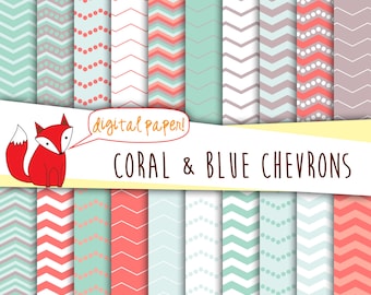 Chevron Digital Paper ~  Coral and Blue Chevron Digital Paper Pack ~ 20 Papers~ Digital Scrapbooking~ Polka Dot Chevrons