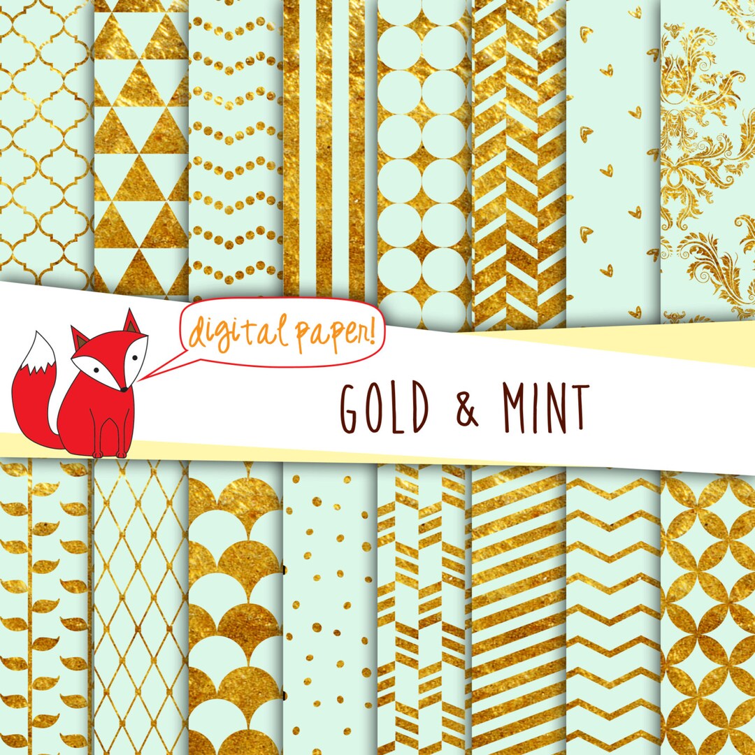 Mint and Gold Foil Digital Paper Damask Quatrefoil Etsy