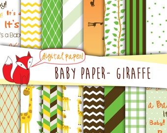 Baby Digital Paper ~Giraffe Theme, Neutral Baby Shower Paper Pack ~ Boy or Girl~ Giraffe, Chevron, Polka Dot  ~ Digiscrap