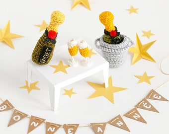 Crochet PDF Pattern Champagne Bottle • Crochet Festive Dinette Tutorial (Bottle, Glass and Bucket) • Stuffed Food