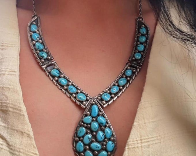 Vintage Navajo Turquoise Cluster Sterling Silver Necklace, Turquoise Teardrop Center Necklace, 71 Grams (N036)