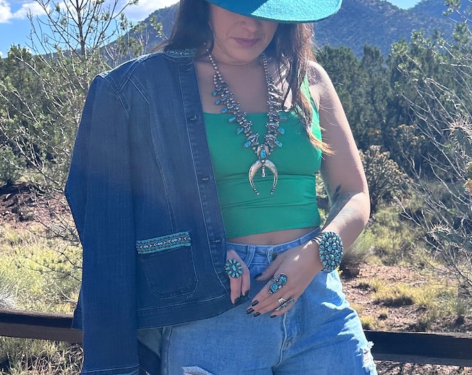 Embellished Denim Jacket, Tribal Boho Jean Jacket, Size Medium