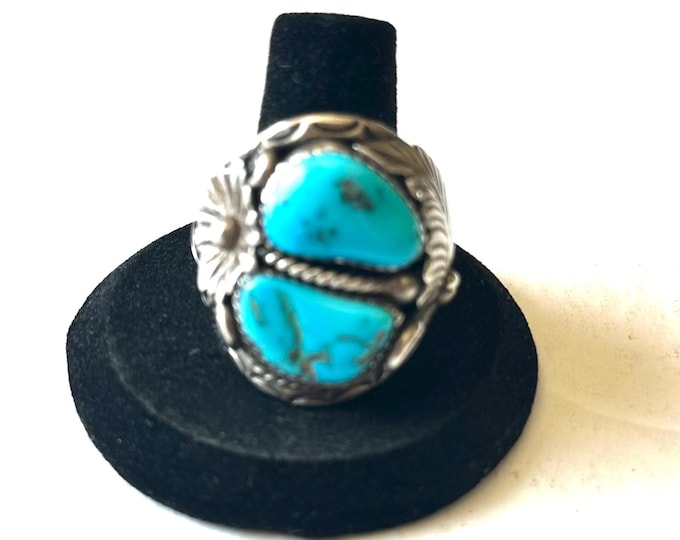 Size 14 Vintage Men's Native American Sterling Silver Turquoise Ring, Signed, Shadowbox Ring