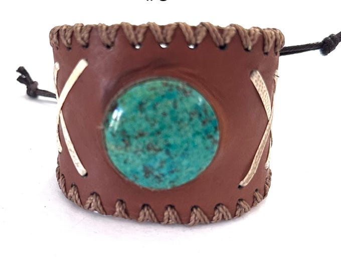 Adjustable Genuine Leather & Chrysocolla Stone Cuff Bracelet, Unisex