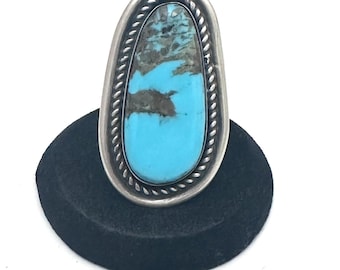 Big Handmade Sterling Silver & Turquoise Ring By Navajo Artist Chimney Butte