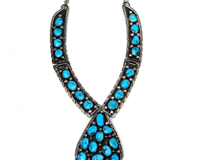 Vintage Navajo Turquoise Cluster Sterling Silver Necklace, Turquoise Teardrop Center Necklace, 71 Grams (N036)