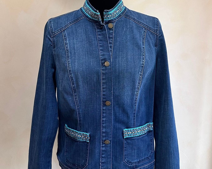 Embellished Denim Jacket, Tribal Boho Jean Jacket, Size Medium