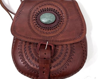 Guatemalan Tooled Genuine Leather &  Natural Jade Crossbody Bag, Adjustable Strap