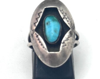 Sz 7 Vintage Native American Sterling Silver Shadow Box Turquoise Ring