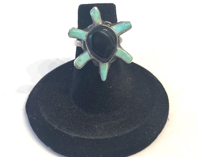 Vintage Sterling Silver, Turquoise, & Onyx Detailed Turtle Ring, Size 4.5