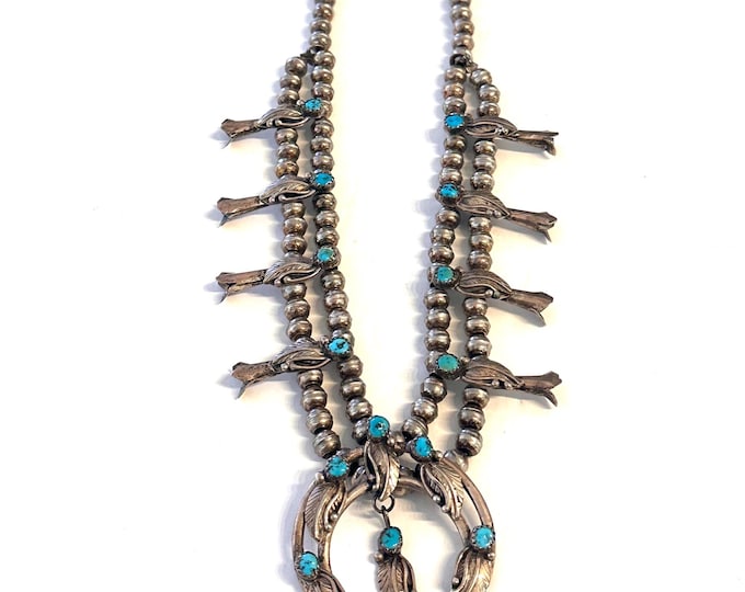 Vintage Navajo Sterling Silver & Turquoise Small Squash Blossom Necklace