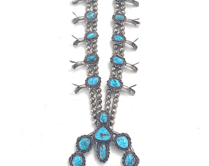 Vintage Navajo Sterling Silver & Morenci Turquoise Squash Blossom Necklace, 205 Grams (N041)