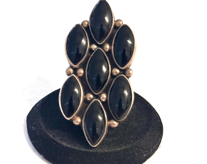 Apache Silversmith Darrel Victor Sterling Silver & Onyx Cluster Ring Size 9