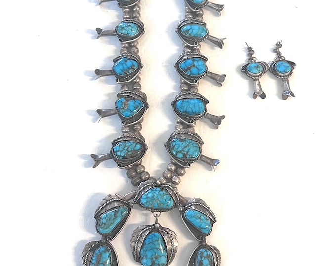 Large Vintage Navajo Turquoise Sterling Silver Squash Blossom Necklace and Matching Earrings, 295 Grams