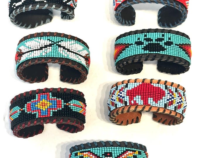 Unisex Leather Beaded Wide Cuff Bracelet / Bead Work Design