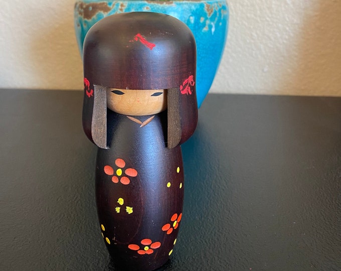 Vintage Japanese Wooden Kokeshi Doll, Hand-Painted Floral Kimono