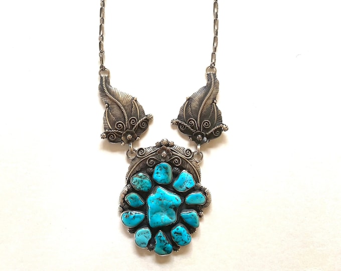 Vintage Huge Navajo Sterling Silver Turquoise Squash Blossom Necklace (N002)