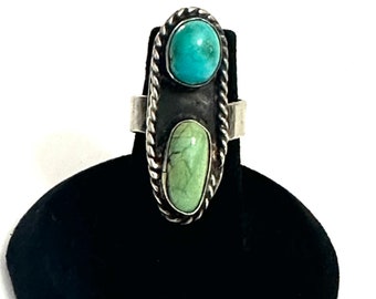 Sz 5 Vintage Turquoise Sterling Silver Two-stone Ring (A198)