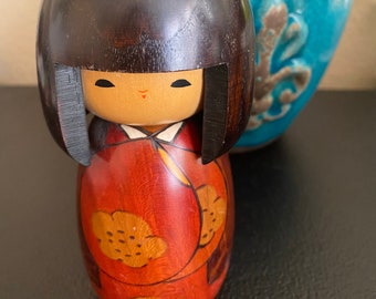 Japanese Kokeshi Wooden Doll, Flower Design Kimono