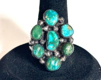 Sz 8.25 Vintage Sterling Silver &  Royston Turquoise Cluster Ring (A011)