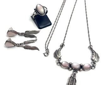 Vintage Navajo MOP & Sterling Silver Leaf Design Necklace, Earrings, and Ring Set (N019)