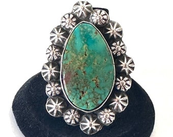 Sz 8.5 Sterling Silver & Nevada Turquoise Ring By Navajo Artist Chimney Butte