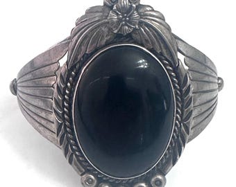 Huge Vintage Native American Sterling Silver Onyx Cuff Bracelet, 70 Grams