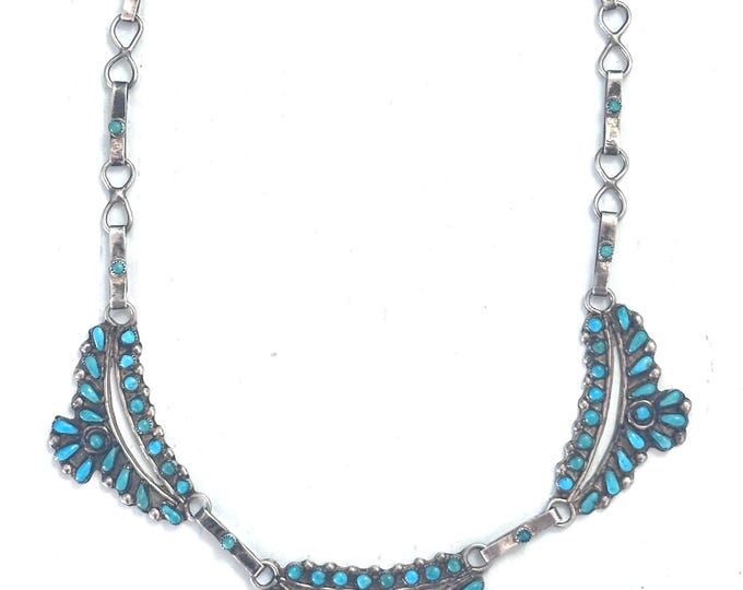 Delicate Vintage Zuni Native American Sterling Silver Petit Point Turquoise Necklace (N040)