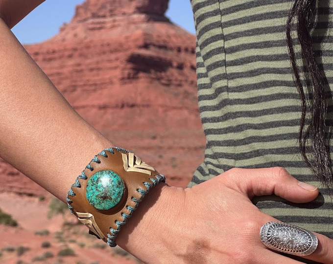 Adjustable Genuine Leather & Chrysocolla Stone Cuff Bracelet, Unisex
