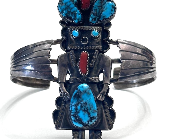 Native American Museum Quality Sterling Turquoise & Coral Kachina Motif Cuff Bracelet By Orville Manygoats (Navajo)
