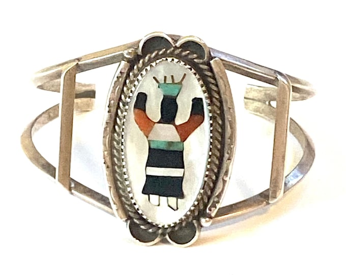Vintage Sterling Silver Kachina Dancer Cuff, Mother of Pearl Inlay