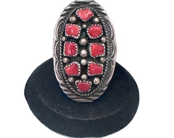 Huge Vintage Navajo Mediterranean Red Coral Cluster Sterling Silver Ring Sz 6.5