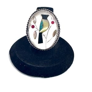 Sz 6  Vintage Zuni Sterling Silver Multi Stone Bird Inlay Ring (R056)