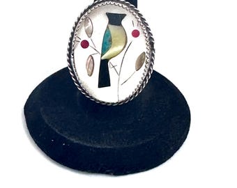 Sz 6  Vintage Zuni Sterling Silver Multi Stone Bird Inlay Ring (R056)