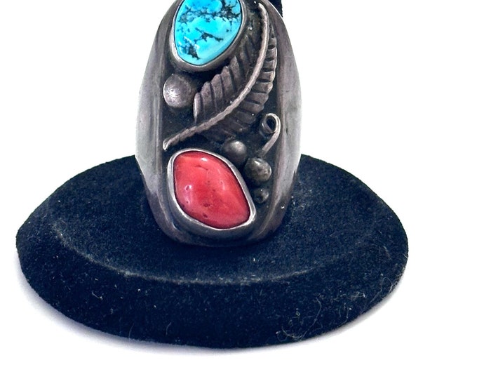 Size 10.25 Old Pawn Navajo 2 Stone Natural Coral & Turquoise Sterling Men's Ring #A007