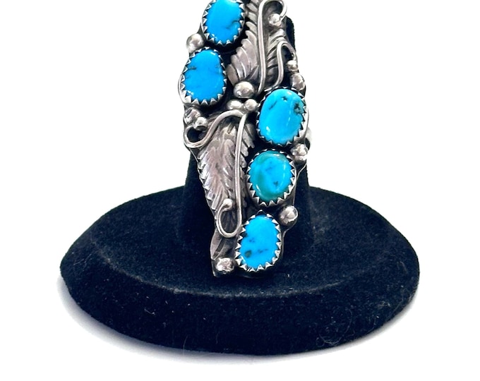 Vintage Native American Sterling Silver & Turquoise Elongated Ring Sz. 7 1/4 (A023)