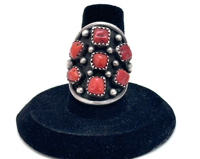 Sz 7 Vintage Navajo Mediterranean Red Coral Cluster Sterling Silver Ring (A033)