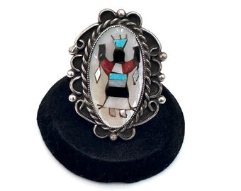 Vintage Sterling Silver Kachina Dancer Ring, Mother of Pearl Inlay, Size 7.25