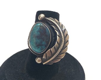 Sz 5.5 Southwest Native Sterling Silver Leaf Turquoise Ring Signed (A167)