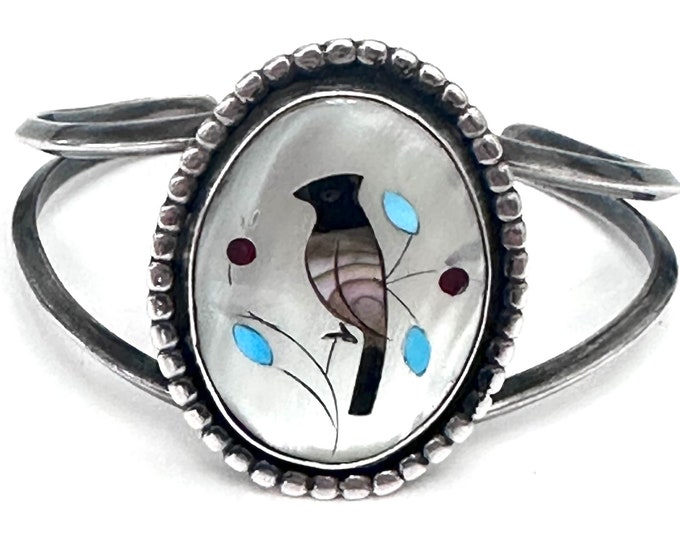 Vintage Zuni Native American Sterling Silver Mother of Pearl Cuff Bracelet, 26 Grams B039