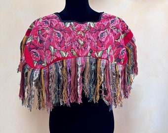 Vintage Guatemalan Multi Color Floral Embroidered Fringed Poncho/ Cape Fits S/M/L