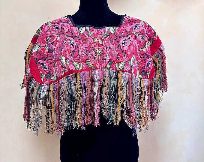 Vintage Guatemalan Multi Color Floral Embroidered Fringed Poncho/ Cape Fits S/M/L