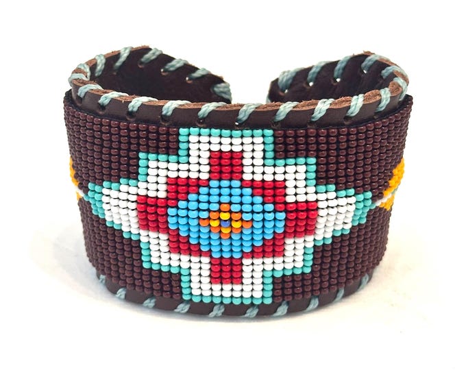 Unisex Leather Beaded Wide Cuff Bracelet /Bead Work Design