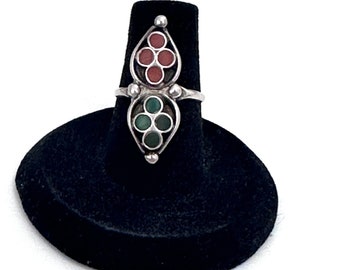 Size 5.75 Navajo Sterling Silver Vintage Green Turquoise & Coral Ring (A040)