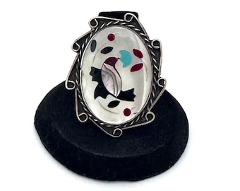 Size 7.5  Vintage Zuni Sterling Silver Mosaic Multi-Stone Inlay Ring (A021)