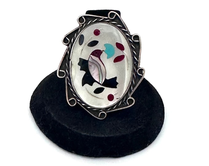 Size 7.5  Vintage Zuni Sterling Silver Mosaic Multi-Stone Inlay Ring (A021)