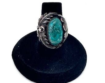 Size 6.5 Vintage Green Turquoise Sterling Silver Ring, Navajo, Native American (A002)